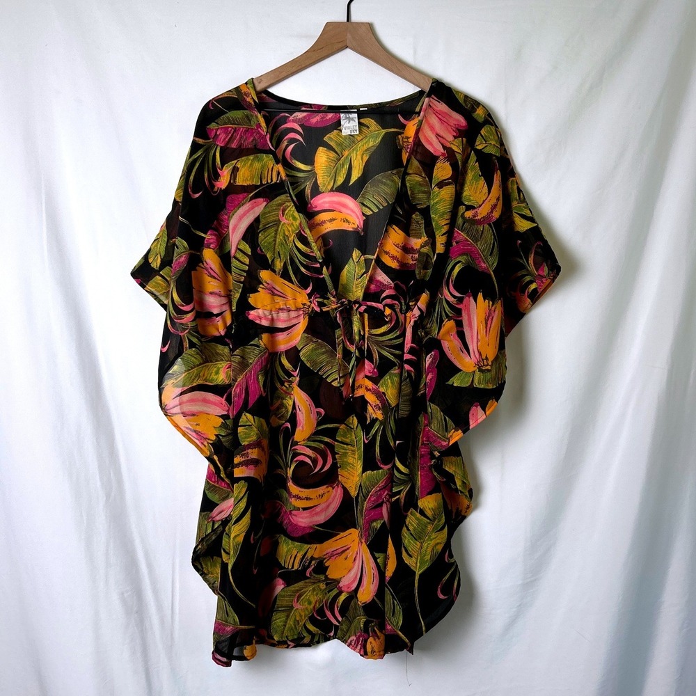 Violet Sky Womens Tropical Banana Leaf Beach Cover Up Kaftan Size L Black Pink